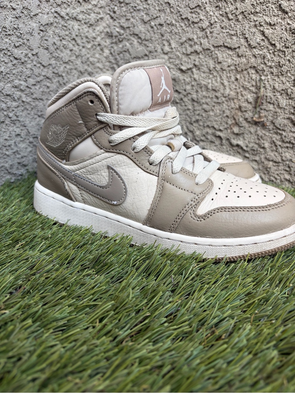 Boys Jordan Kids High-Top Sneakers in Taupe and White